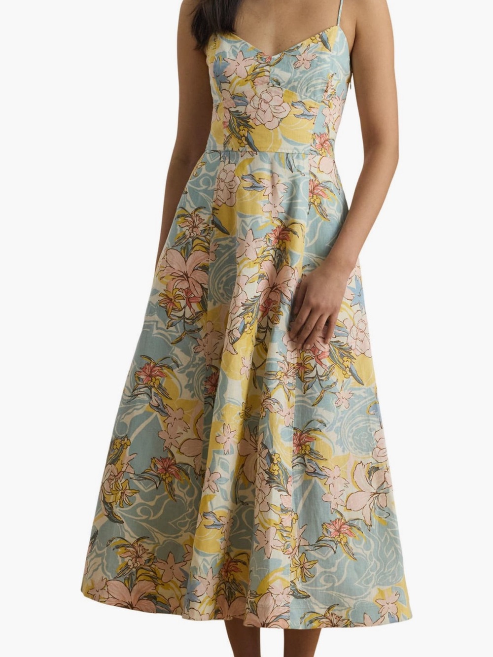 Lauren Ralph Lauren Pale Blue, Yellow & Pink Floral Midi Dress